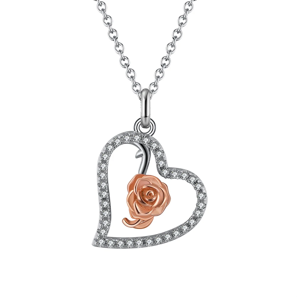 

RINNTIN EQN28 Rotatable Rose Design Necklace women Jewelry 925 Sterling Silver Heart Necklace