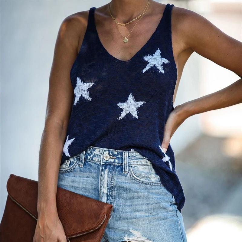 

Factory wholesale ladies American flag pattern sweater star print sexy crop top women condole belt vest, Picture color