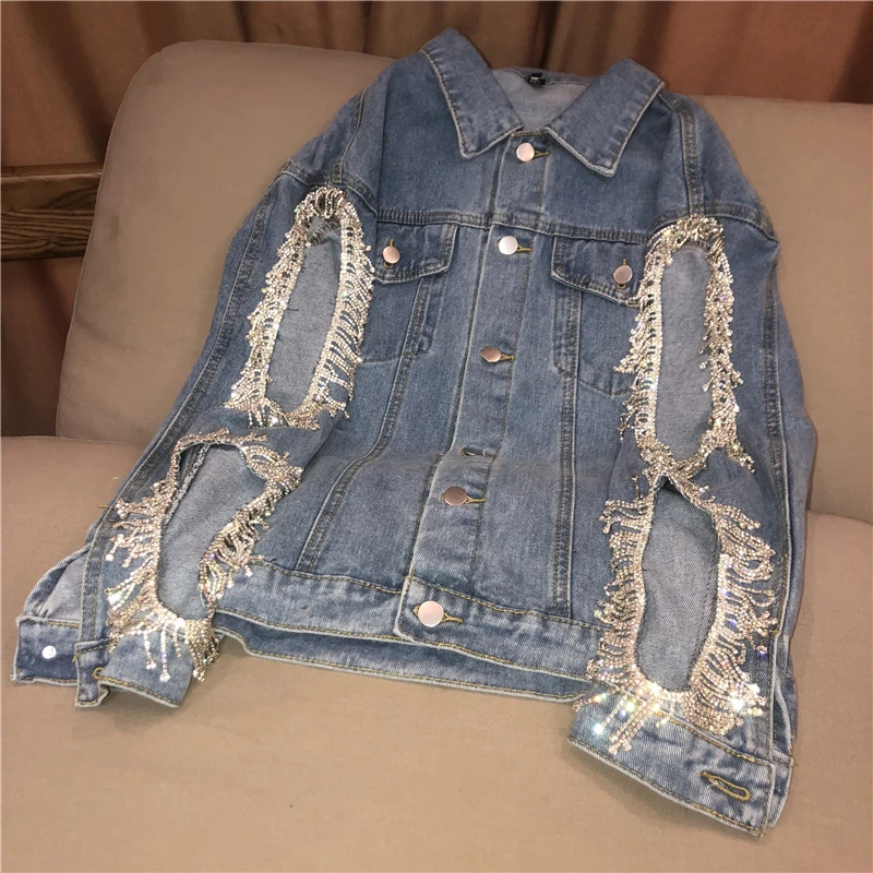 

luxury ladies denim jacket oversize fashion women rhinestones fringes beading jean ripped big holes distressed long denim coat, Picture