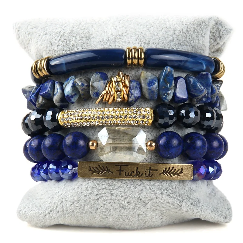 

Fashion 5pcs Handmade Jewelry Natural Stone Crystal Glass Acrylic Pipe Bracelet Alloy Letter Piece Stack Bracelet Set