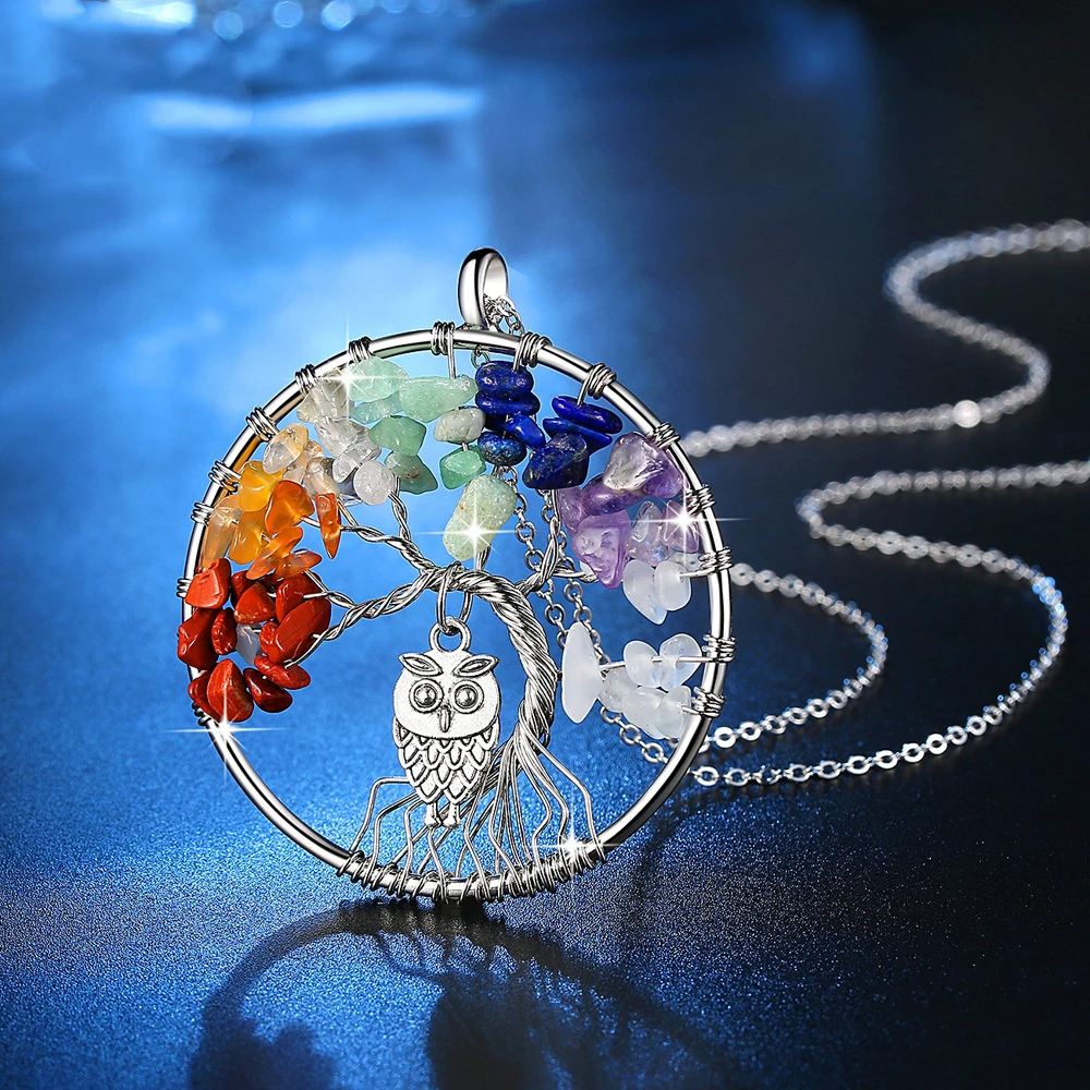 

Fashion Silver Color Handmade Tree of Life Pendant Necklace Colorful Natural Stone Life of Tree Necklace with owl Pendant