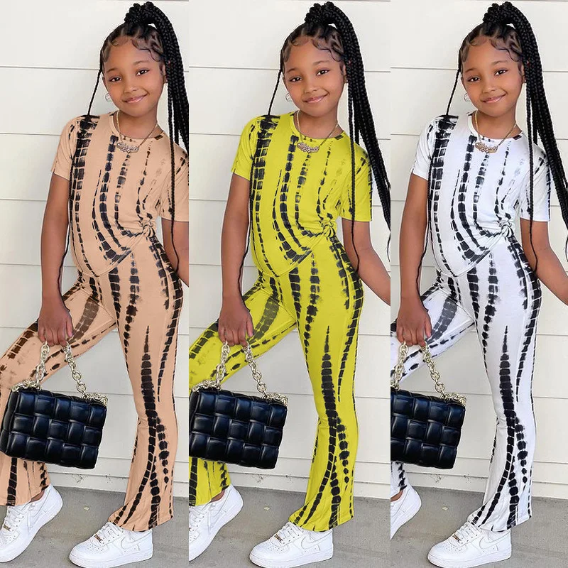 

Conyson Wholesale Summer New Fashion Kids Clothes Baby Girls Stripes Mix Print Short Sleeve Tops Pants 2Pcs Clothes Set for Kids, Picture shows