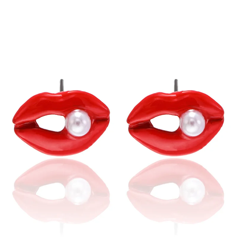 

Korean Style Jewelry Earrings Wome Red Lips Inlaid Pearl Big Mouth Pearl Earrings Factory Wholesale