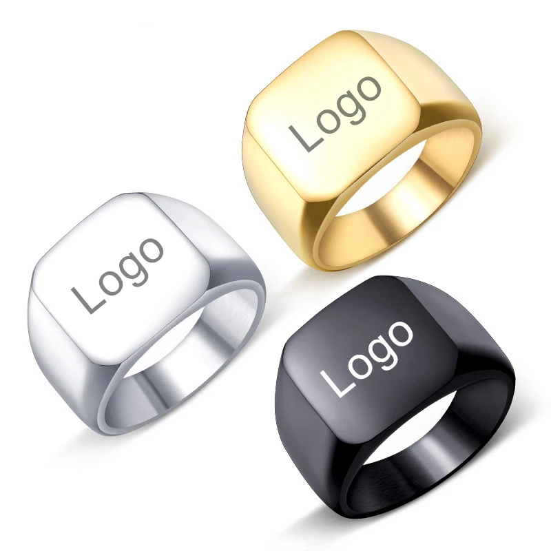 

Wholesale Custom Engrave Logo Signet Male Blank Metal Silver Ring Black Gold Plated Titanium 316l Stainless Steel Men's Rings, Picture shows