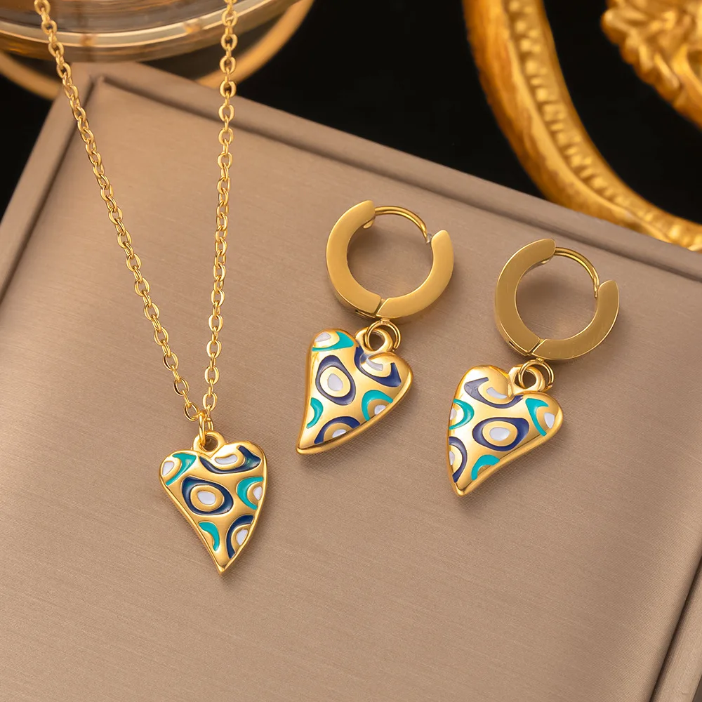 

Wholesale New 316L Stainless Steel 18k Gold Plated Colorful Enamel Earing and Necklace Heart Jewelry Set For Women