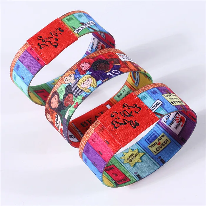 custom logo print wholesale elastic fabric bracelet adjustable cheap polyester festival bracelet