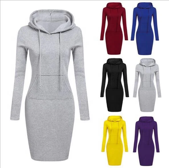 
2020 fashion plain pockets pullover casual Hoodies women long sleeve hoodies dress 