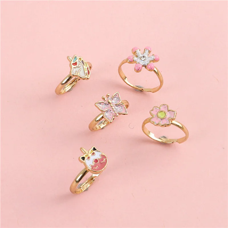 

Fashion Cute Unicorn Children Ring Sets Pink Color Flower Butterfly Kids Baby Birthday Party Gift Ring Set, As photo