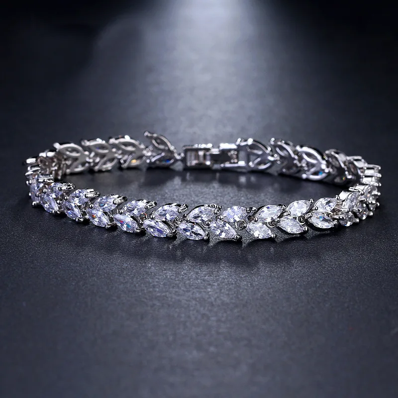 

Fashion Leaf Shape Zircon Ladies Wedding Party White Gold Plated Tennis Bracelet Wholesale