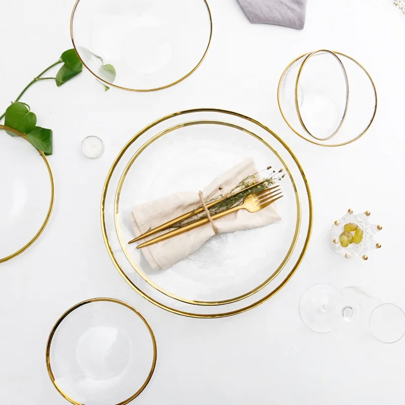 

Hot Sale Instagram Style Catering Clear Charger Plates Gold Line Dinnerware Sets Luxury For Events Charger Plates Clear, Transparent
