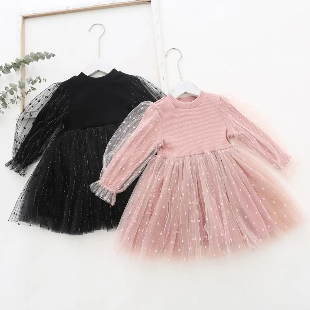 

New fashion Girls spring ruffled puff Sleeves one piece tulle dots princess dress Children's Clothes Girls Dress, Picture shows