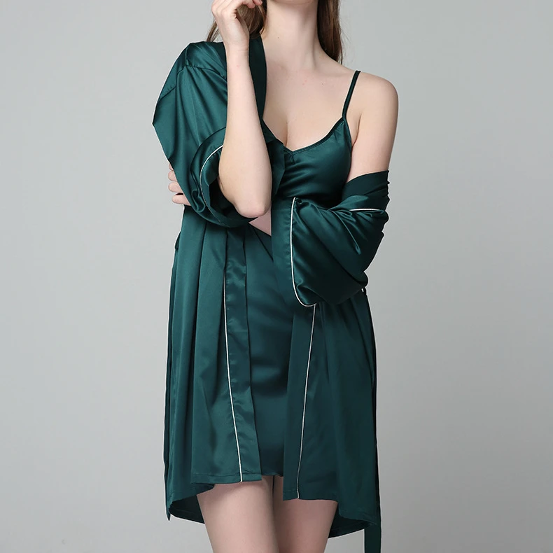 

2021 Silky Feeling Sleep Wear Clothing Satin Robes and Dress Set Long Sleeve Night Wear for Ladies, Pink, navy, black, orcustomized color