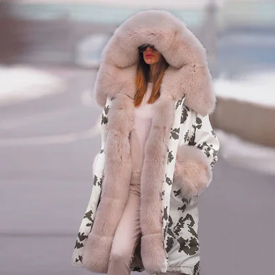 

2021 Winter clothes for women keep warm fur coat hooded print fashion women's jackets, 4 color