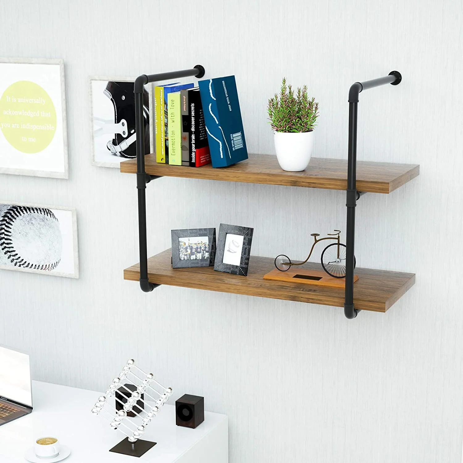 Industrial Wall Shelf 2 - Tier With Planks Wall Mount Iron Pipe Shelves ...