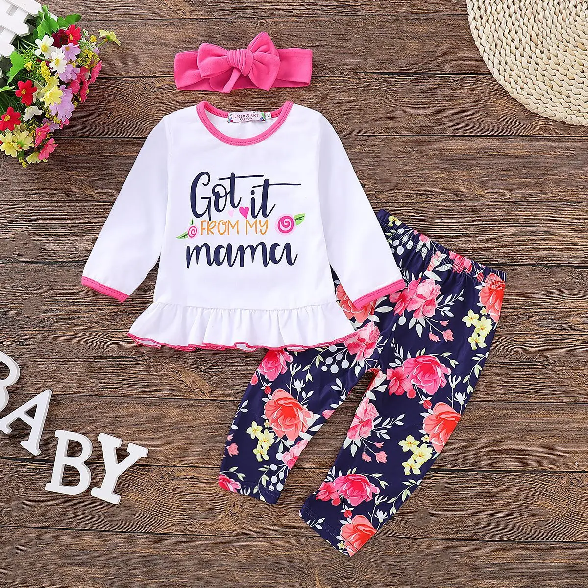 

Baby Girls Clothes Set Floral Printed Spring Kids Clothing Wholesale Children's Clothes Set+Headband