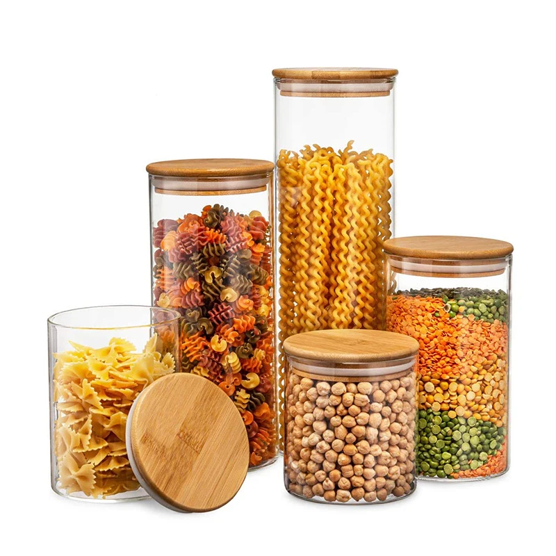 

Canister Set of 5 Glass Kitchen Canisters with Airtight Bamboo Lid Glass Storage Jars Set with Bamboo Lid