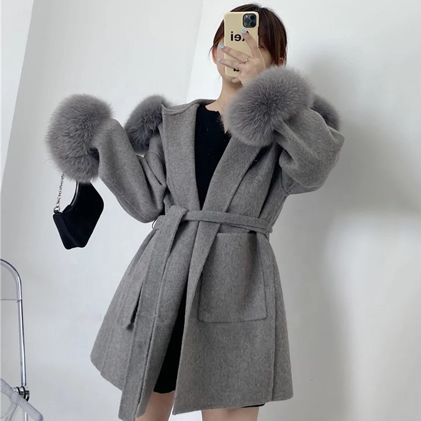 

Hot Sale Winter Hood Long Coat Women Wool Trench Cashmere Coats with Fox Fur Cuff, Customized color