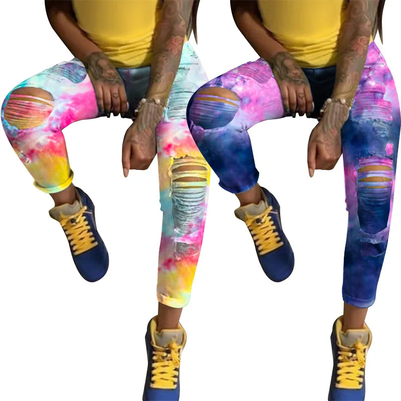 

2021 Hot Selling Fashion Street Style Women High Waisted Skinny Tie-Dye Ripped Jeans