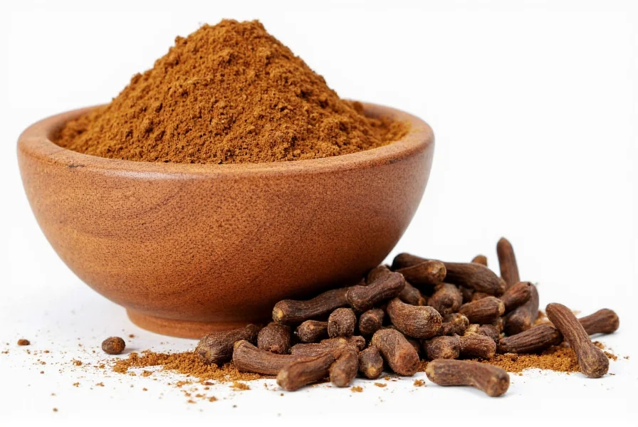 Close-up of clove powder in a spice jar next to whole cloves