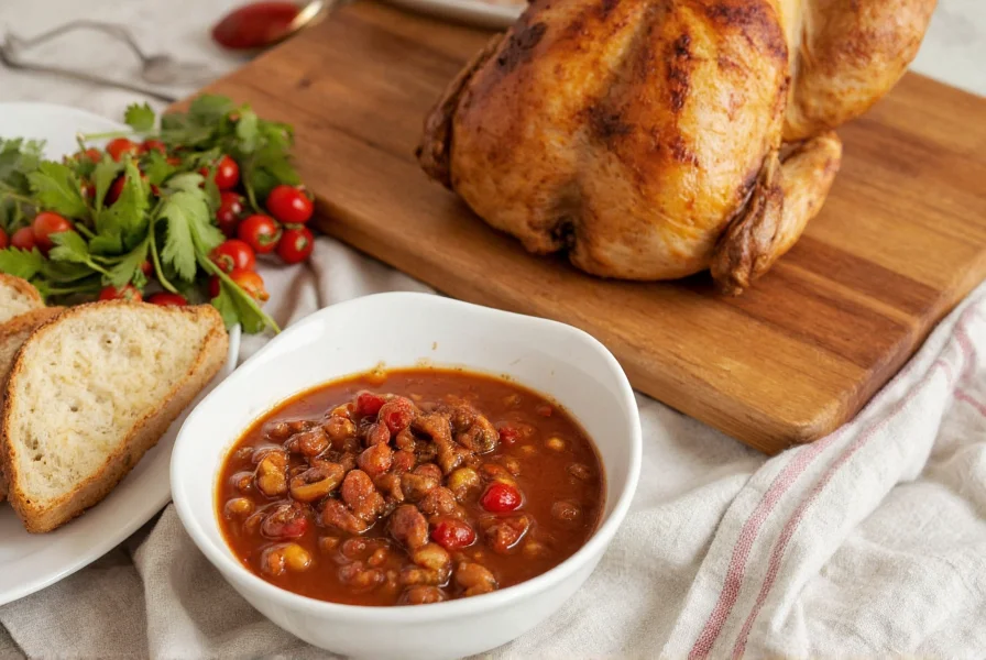 Small bowl of chili alongside roasted chicken and vegetables on dining table