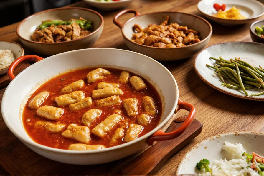 Traditional Sichuan cuisine featuring mapo tofu, kung pao chicken, and dry-fried green beans arranged on a wooden table