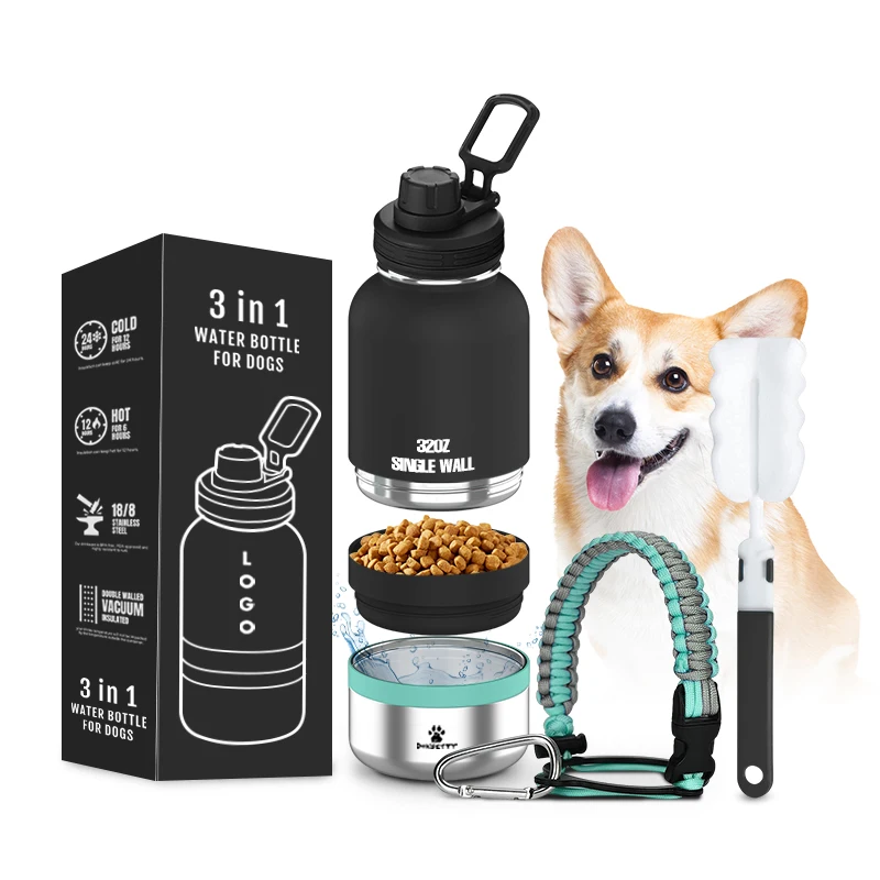 

In stock Dog Travel Water Bottle 3 in1 pets Stainless Steel 32oz dog with two food containers feeder bowl