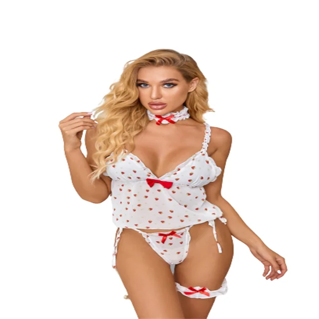 

Amazon AliExpress hot sale three-point lingerie set sexy temptation suspenders pajamas Strawberry pattern, Black