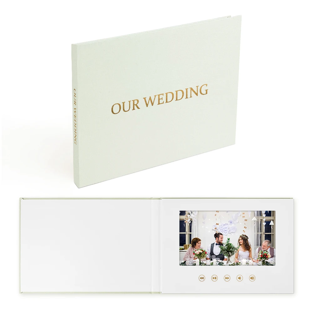 

Linen Cover Wedding Video Guest Book Brochure With LCD Screen wedding video brochure with gold foil video invitation memory book