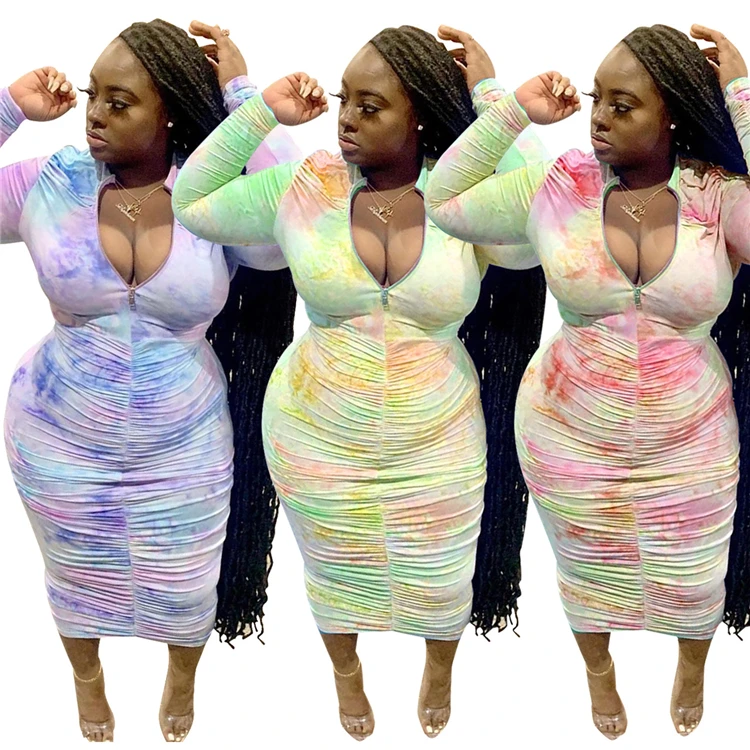 

H6017-fall clothing for women long sleeve tie dye bodycon dress ruched plus size dress women clothing