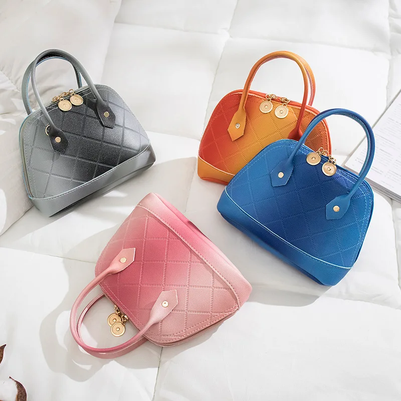 

2021 Women Crossbody Bag Elegant Female Gradient Candy Color Plaid Zipper Shell Shape Mini Shoulder Sling Bag, 4 colors