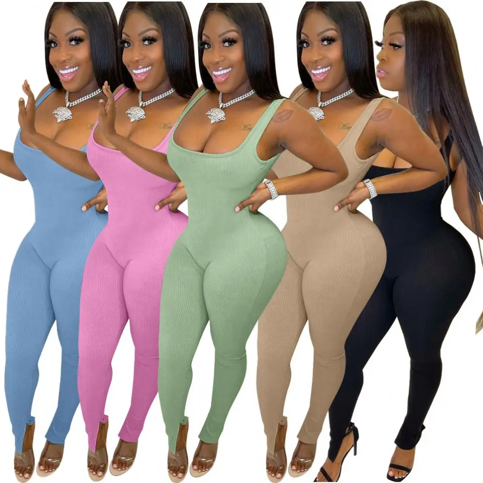 

DUODUOCOLOR Summer new style casual sleeveless solid color u neck sexy fashion backless summer women jumpsuit 2021 D10527, Khaki, green, black, blue, rose madder