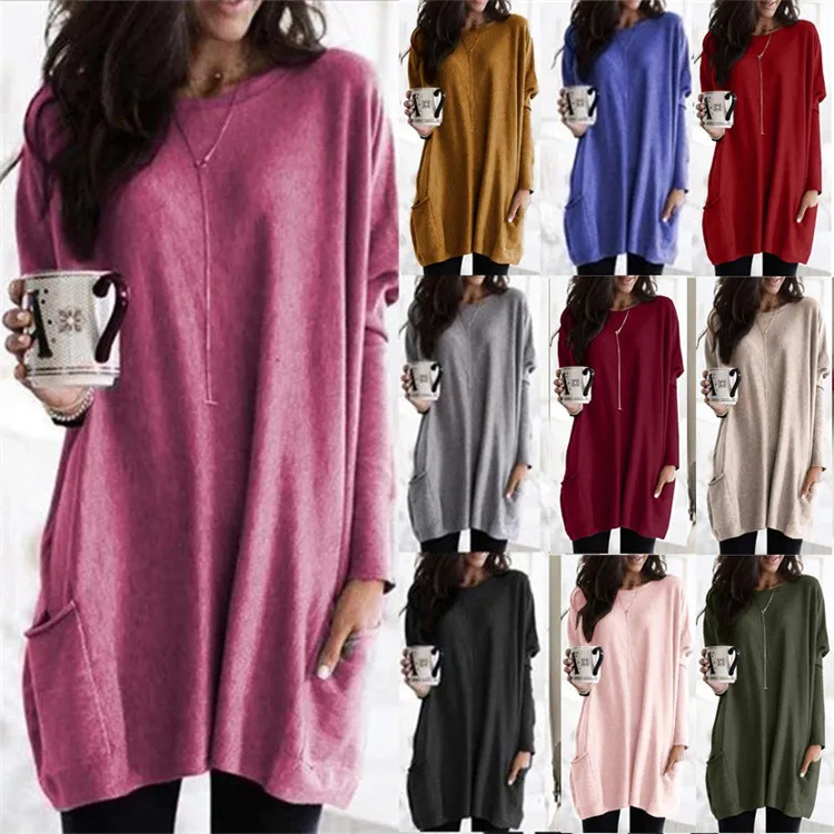 

Wholesale Europe and The United States women autumn long sleeve round neck casual pocket plus size dress