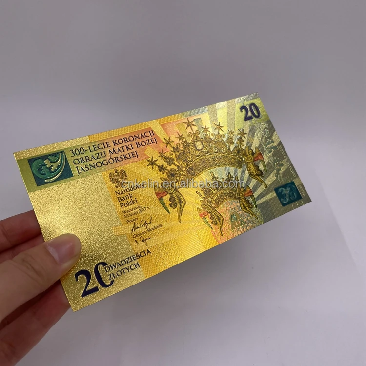 

Custom Poland Money 20 PLN 24K Gold Plated Foil Plastic Banknote in Stock