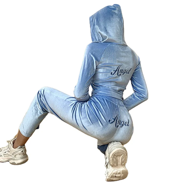

2021 high quality blue velet woman pullover hoodies suit jogger custom available women 2 piece tracksuits hoodie set