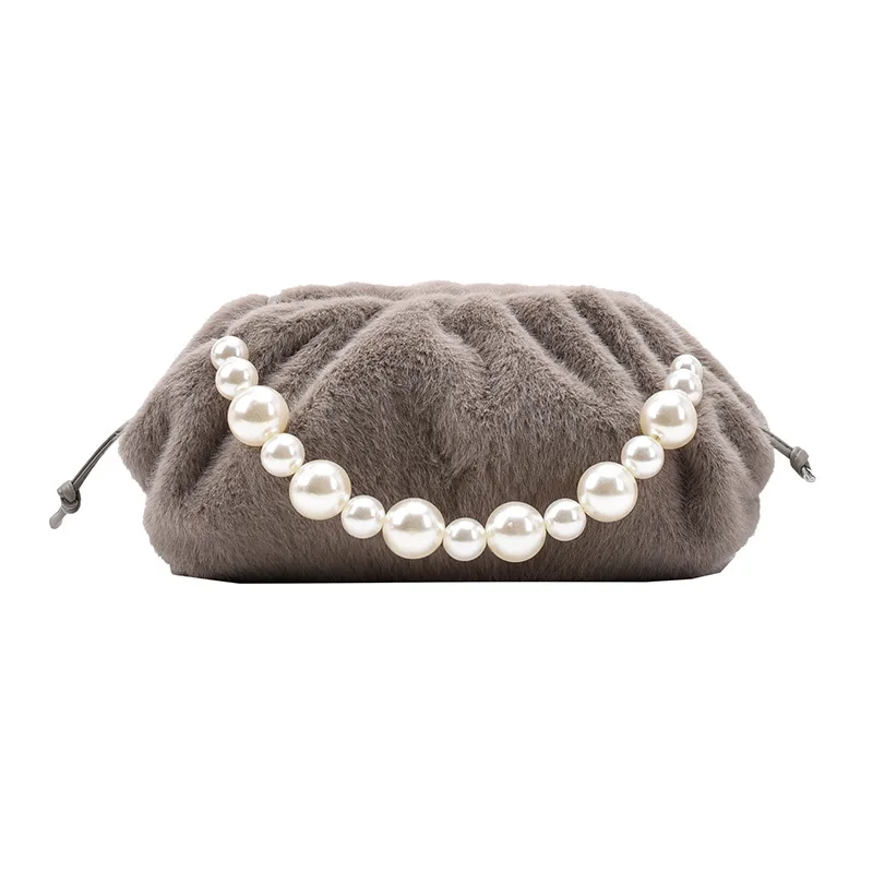 

Winter warm soft high quality fur wool plush luxury cloud bags handbag cross body dumpling bag with pearl, 5 colors