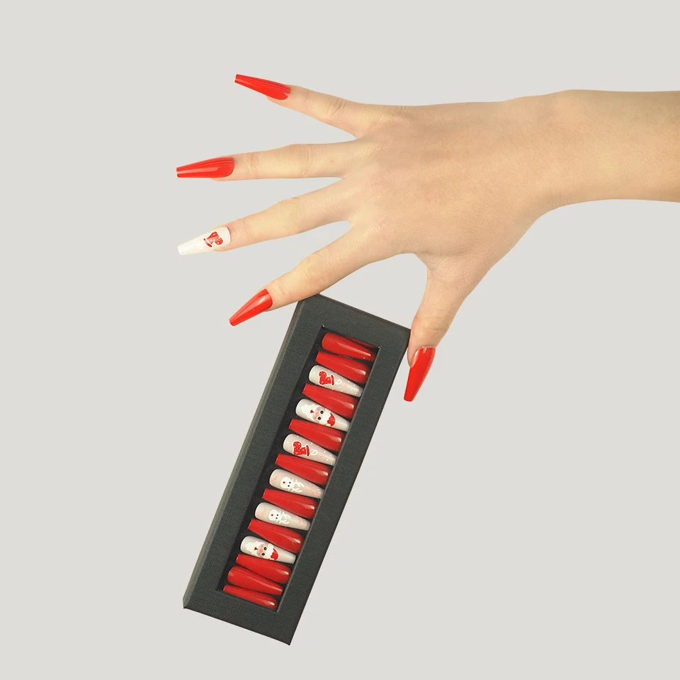 

Red long fake nails Santa Christmas press on nails wholesale price with beautiful gift box, Multiple colors for choosing