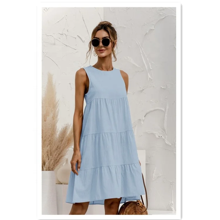 

Summer New Arriaval Round Neck Pleated Tiered A Line Solid Mid Sleeveless Trendy Women Summer Loose Dress