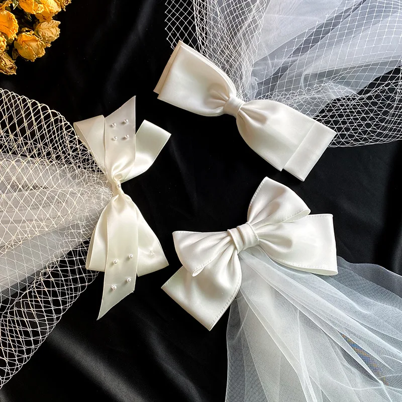 

Wholesale Super Big White Bowknot Short Mesh Tulle Bridal Veil Solid Color Glossy Satin Bow Wedding Bridal Birdcage Veils