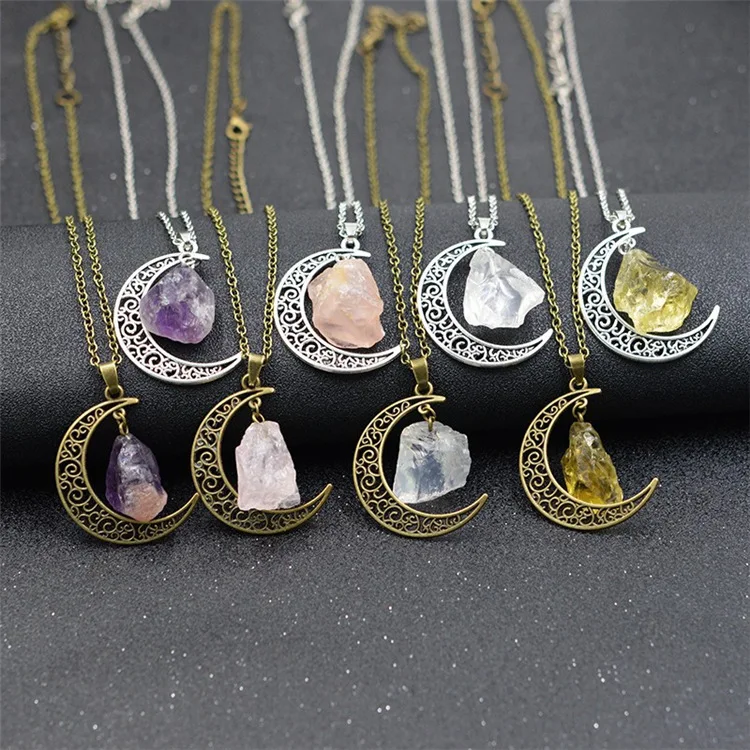 

Amazon Hot Sale Jewelry Natural Stone Crystal Necklace Starry Sky Moon Gemstone Pendant Moon Necklace For Women, Silver,antique gold
