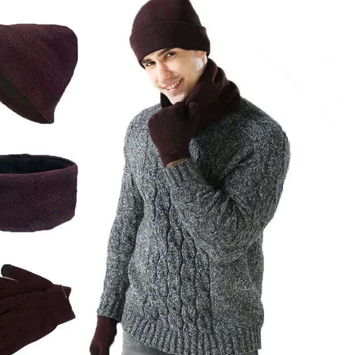 2025 Winter Knit Jacquard Beanie Hat Neck Warmer Scarf and Touch Screen Gloves Set 3 Pcs Fleece Lined Skull Cap Men Women