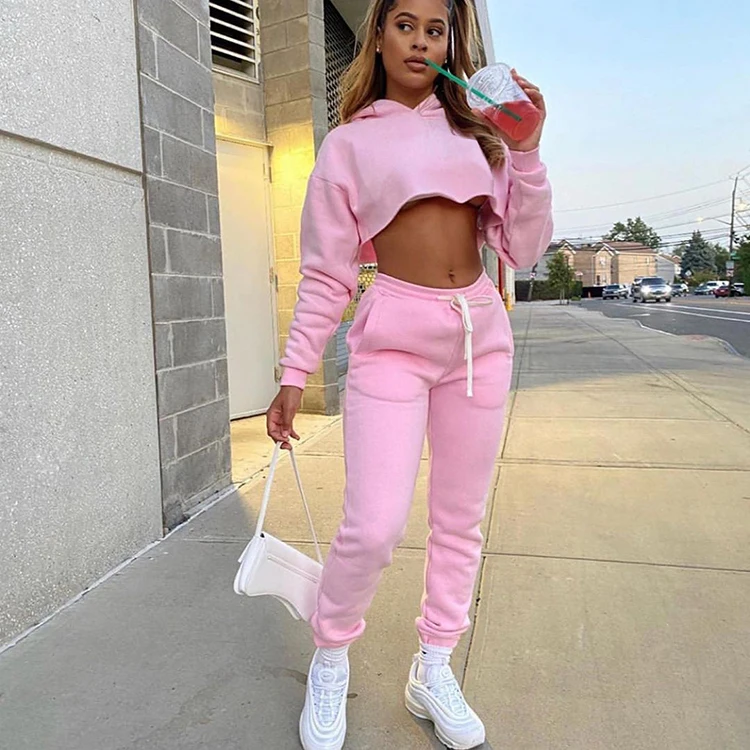 

Thicken Cropped Sweatshirt Joggers 2piece Sets Women Casual Outfit Two Piece Hoodies And Sweat Pants Set Women Clothing 2021, Pink,gray,black