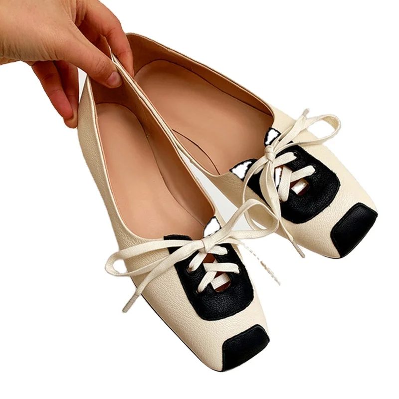 

OL Patchwork Flat Square Toe Women Shallow Sweet Sandals Lace Up Office Lady Shoes For Girls Pumps, As picture