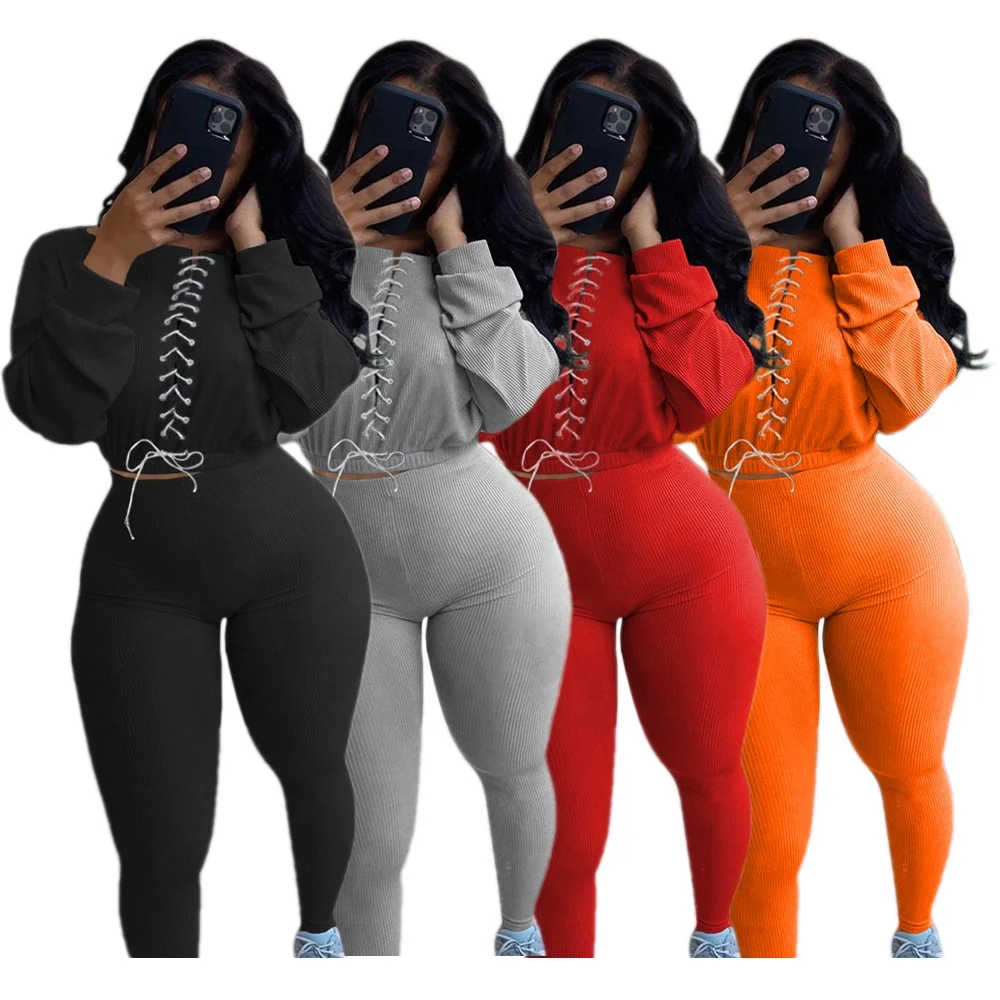 

MT48-7221 Women's fashion autumn and winter tie rope leisure sports two-piece pants suit plus size women's clothing