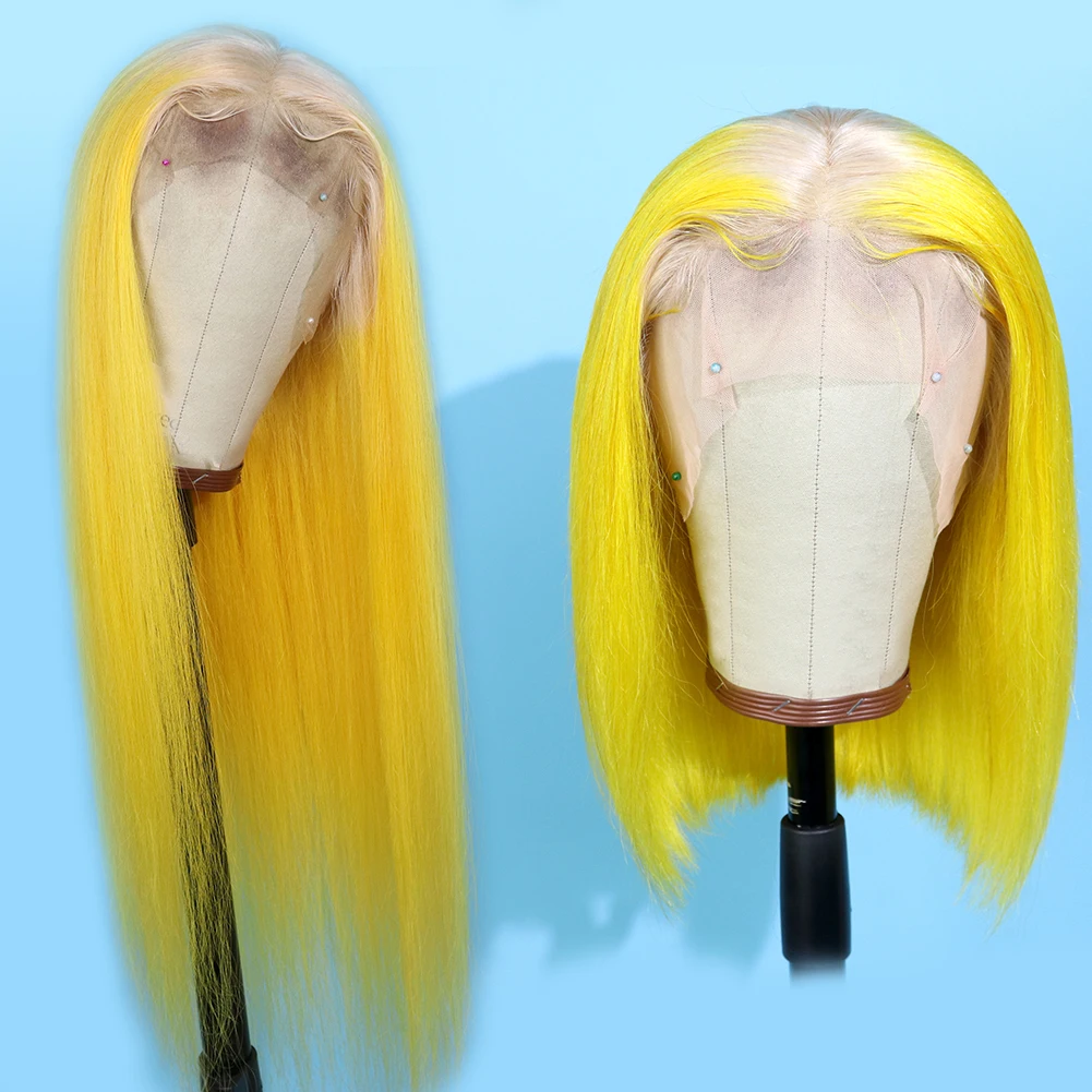 

White Ombre Yellow Lace Front Human Hair Wig Brazilian Virgin Grade 10A Long Straight Hair Colorful Lace Wig with Baby Hair