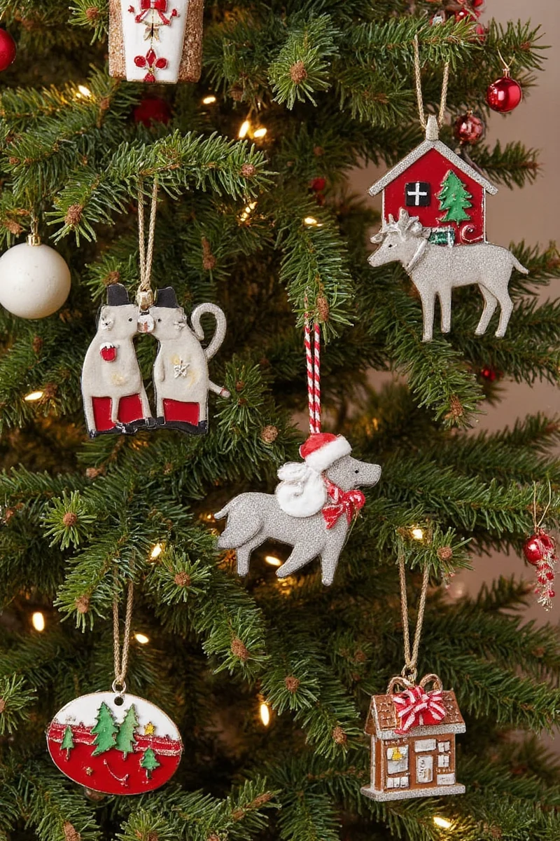 A wooden dog bone-shaped Christmas ornament with a red bow and a personalized metal tag engraved with 'Baxter' in silver letters.