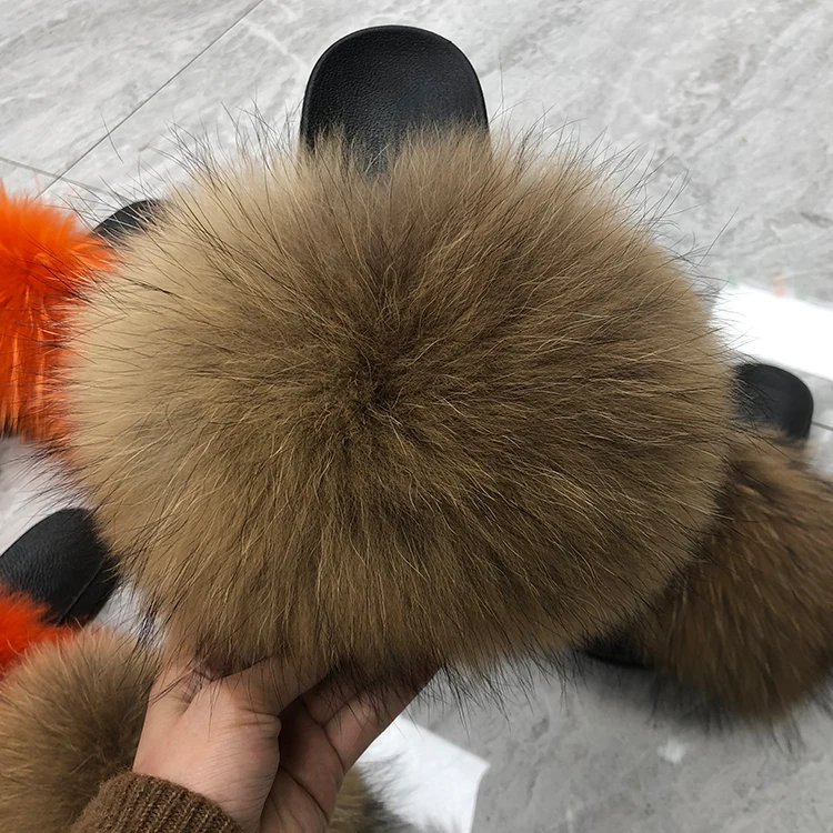 

Full fur fashion solid color girls indoor fur home fluffy slipper gray lady real raccoon fur slippers, Customized color
