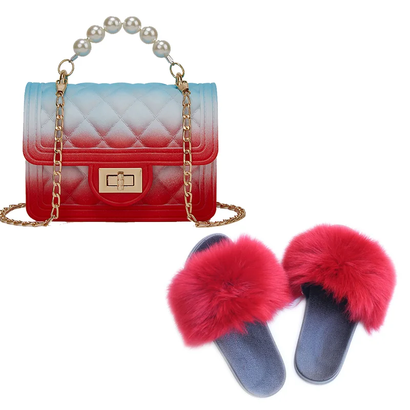 

2021 Ladies Colorful Mini Jelly Handbag Fur Sandals Luxury Furry Slippers Shoes and Purse Set for Women Wholesale