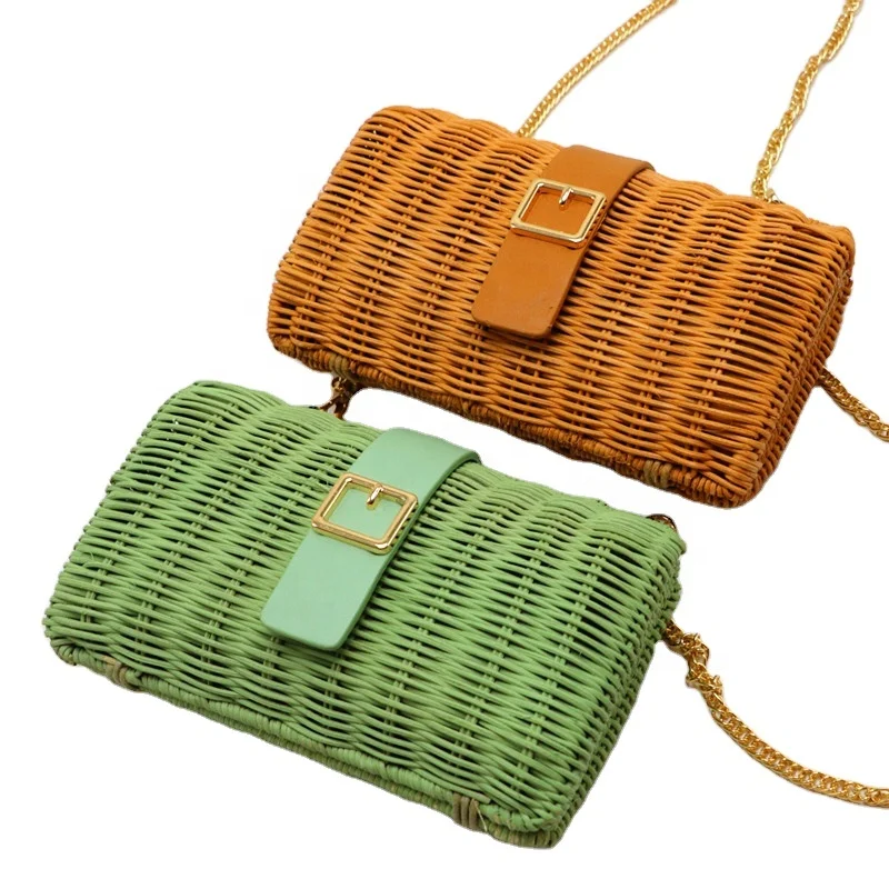 

Factory direct square custom chain sling rattan bags bali woven women shoulder handbags, Customizable