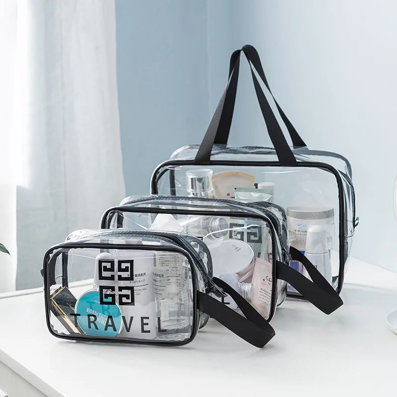 

Wholesale Custom Logo Frosted Transparent Clear PVC Waterproof Makeup Travel Toiletry Case Cosmetic Bag Set Bag with Handles, Clear,brown,black or customized