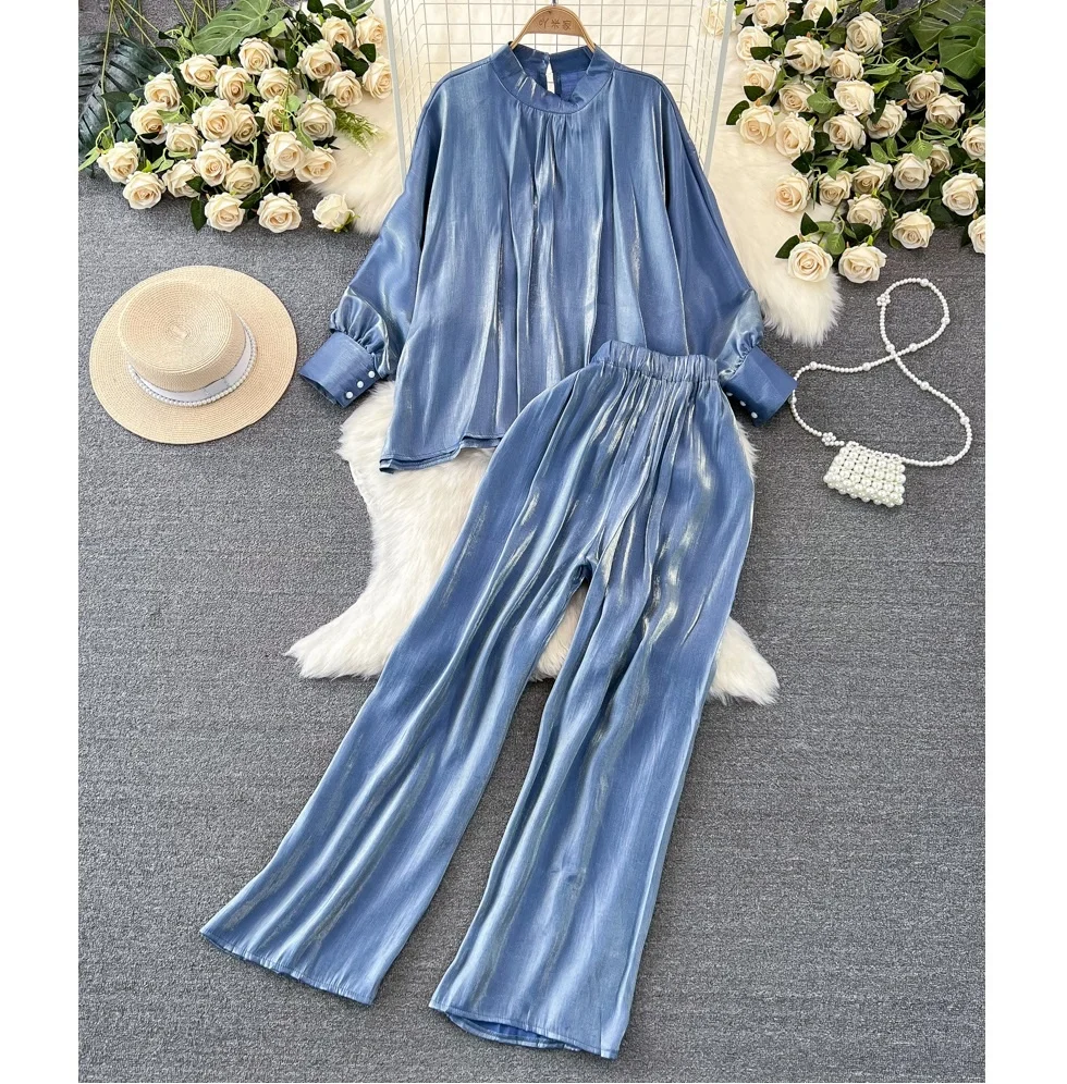 

Fashion Set Women Long Sleeve Standing Collar Loose Shiny Shirt Women Casual High Waist Straight Wide Leg Pants 2 Piece Set